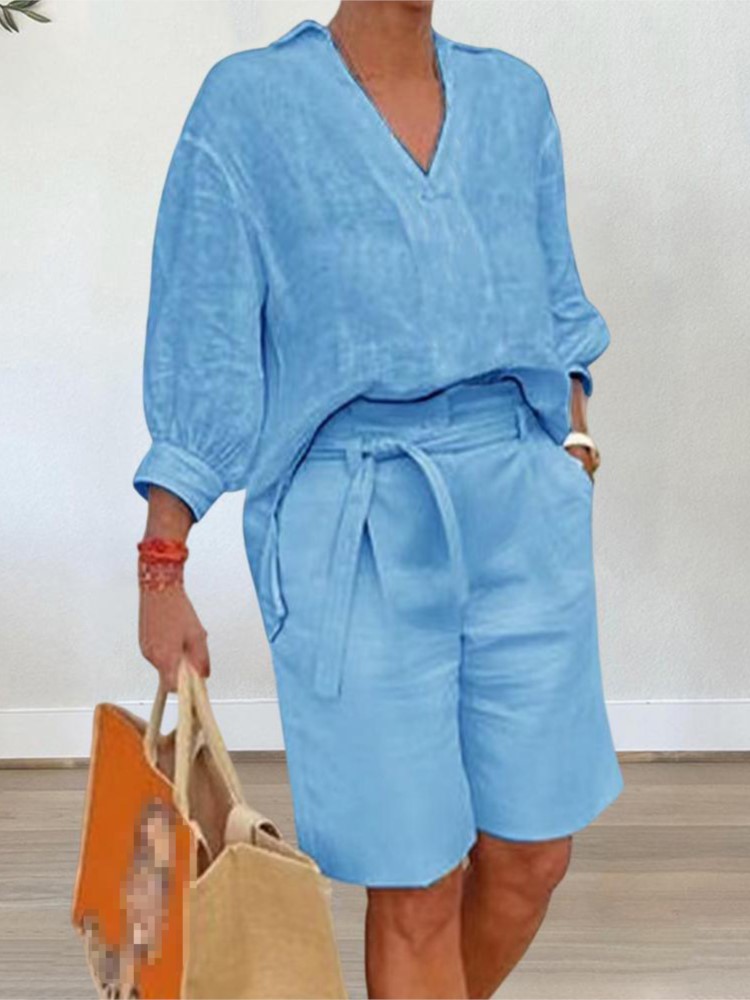 Linen Shirt Breathable - Ternos femininos estilo elegante conjunto de