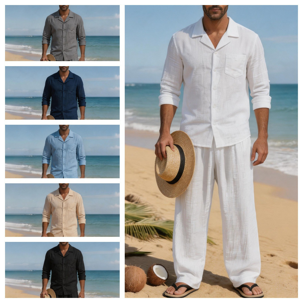 Linen Shirt Breathable - Conjunto de Praia Masculino de Linho
