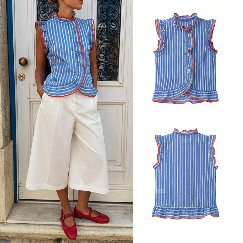 Camisa feminina azul com listr - Shirt Camp Collar avaliação e preço