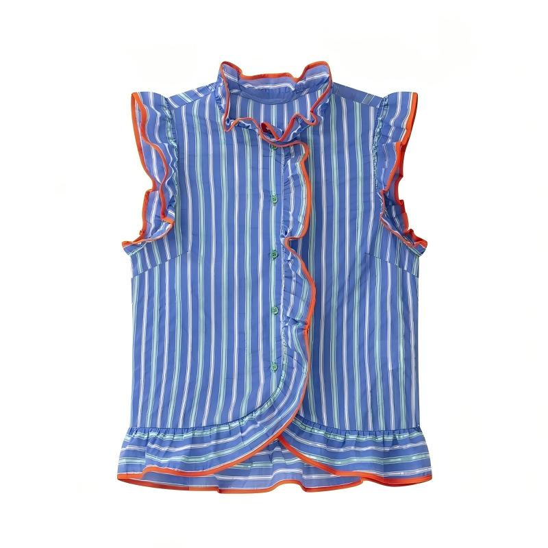 Camisa feminina azul com listr - Shirt Camp Collar avaliação e preço