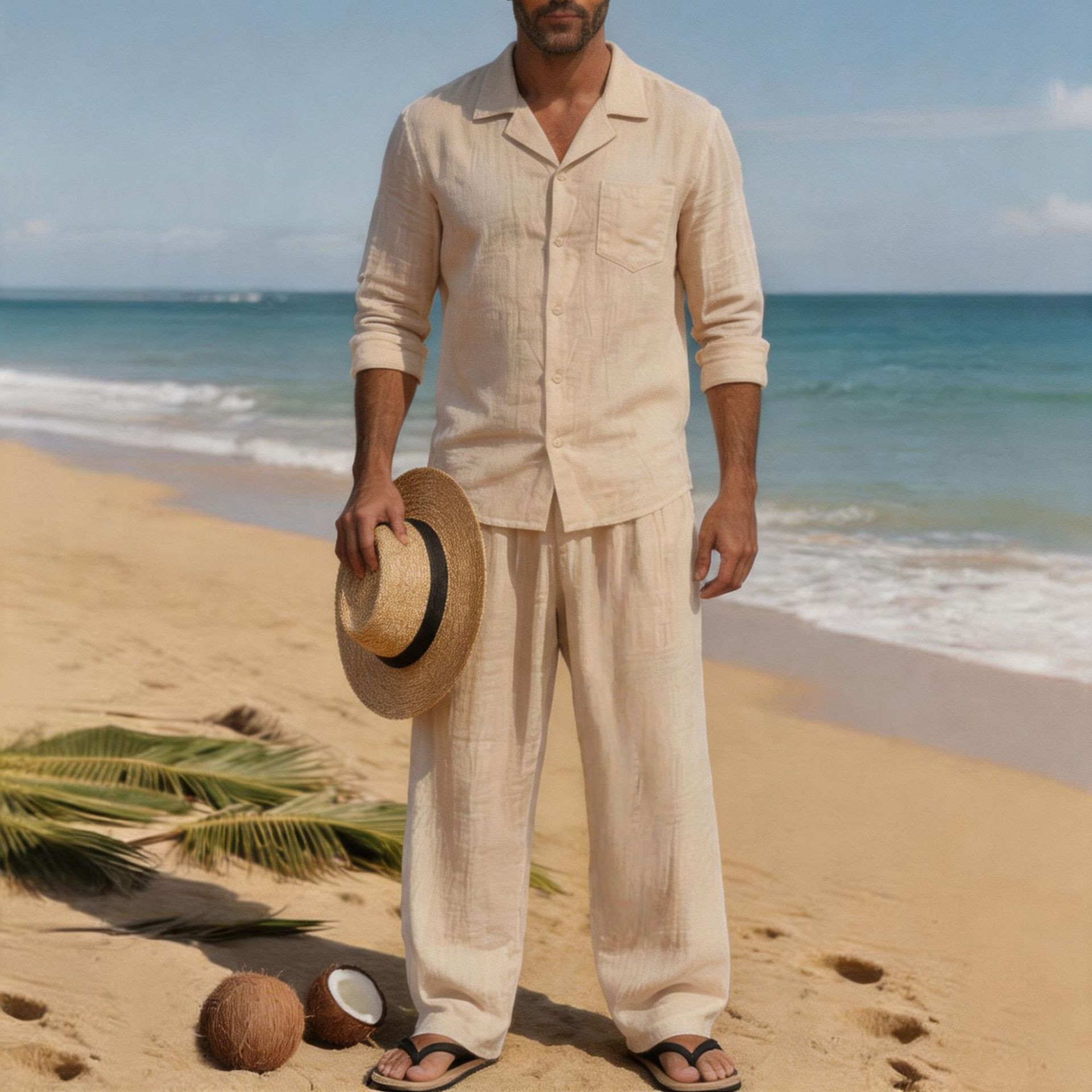 Conjunto de Praia Masculino de - Linen Shirt Breathable avaliação e preço